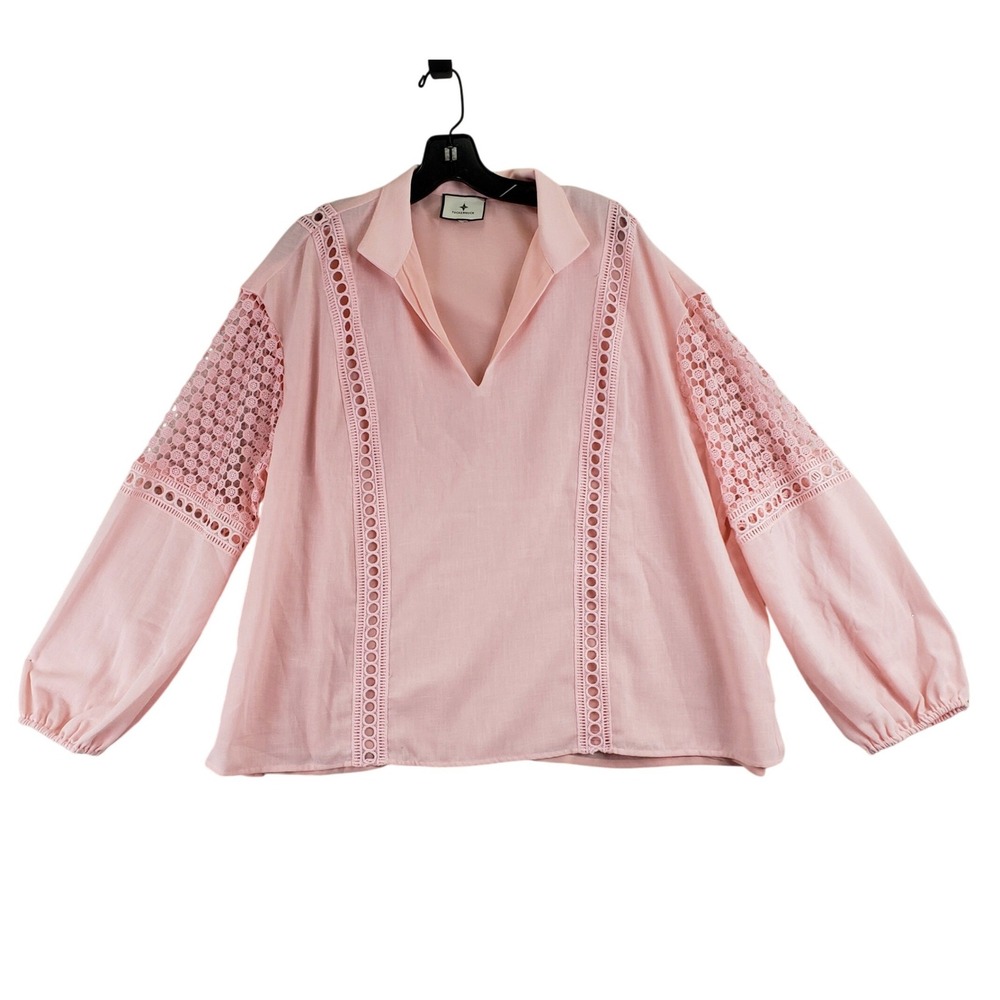 Tuckernuck Crochet Lace V-Neck Blouse Womens XL Pink Boho Preppy Balloon Sleeve